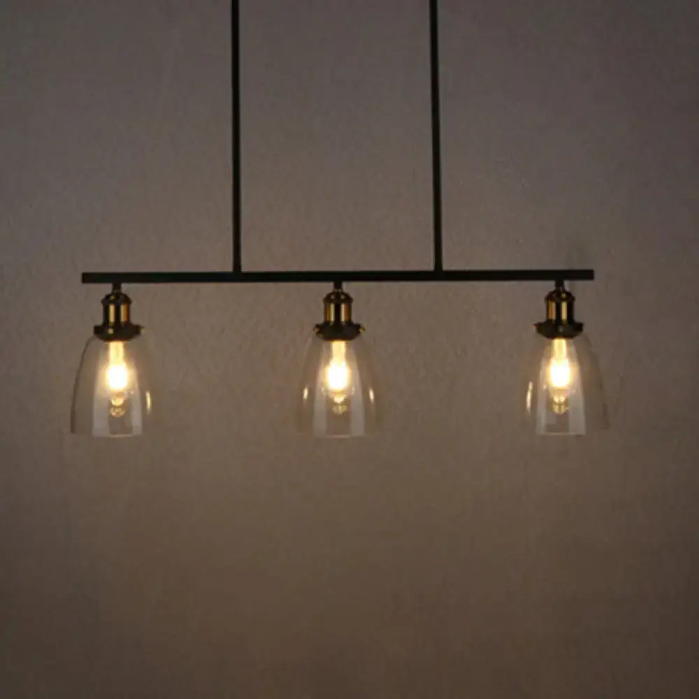 DecorBites industrial pendant light with black metal bar, clear glass cone shades, brass fixtures for dining room 110v-120v