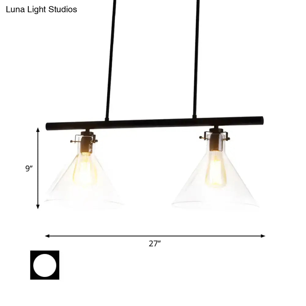 Black metal industrial cone clear glass island lamp with two exposed filament bulbs for dining table lighting