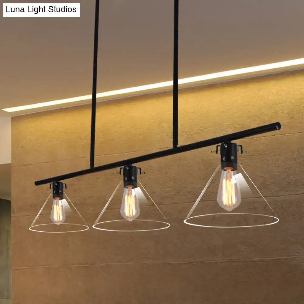 Decorbites™ industrial cone clear glass island lamp in black with three exposed filament bulbs for dining table lighting