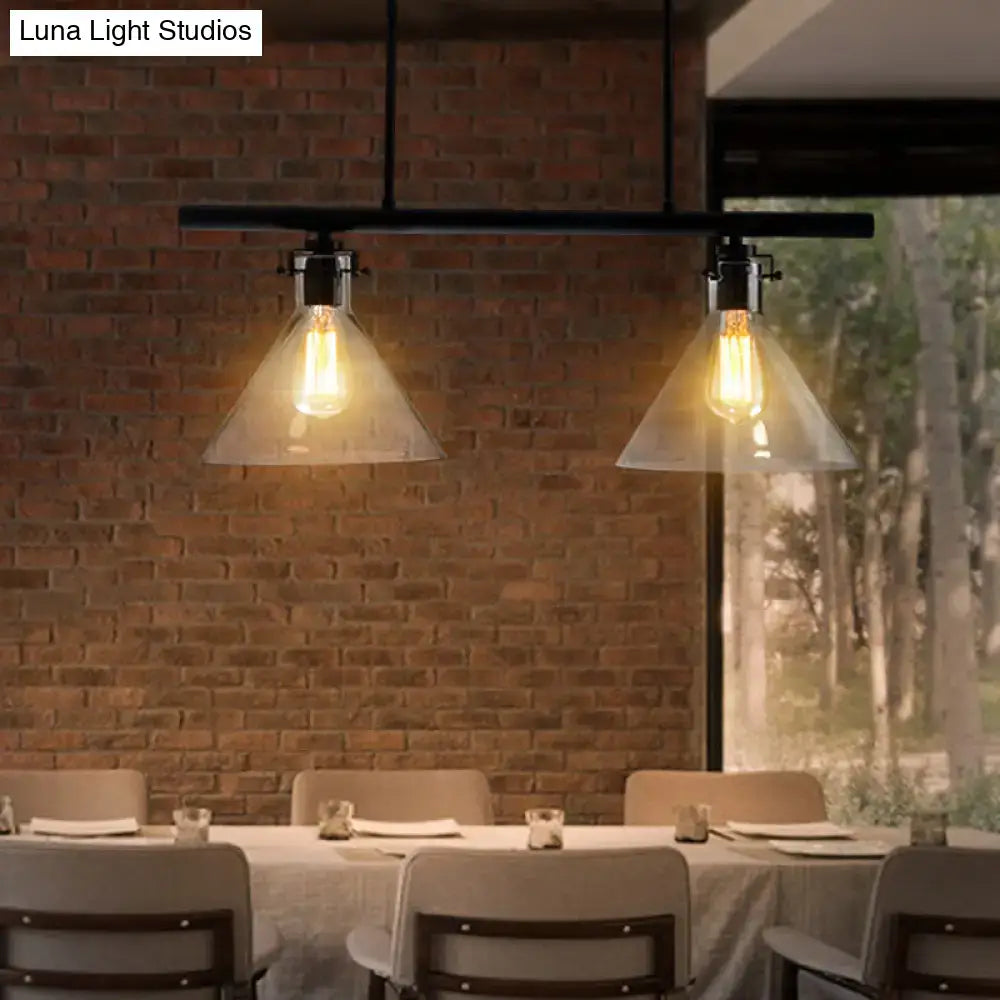 Decorbites industrial cone clear glass island lamp in black with exposed filament bulbs for dining table lighting