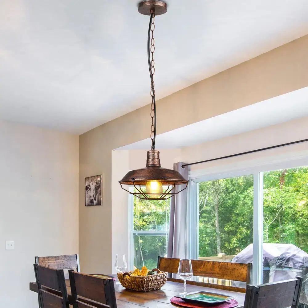 Rustic bronze decorbites iron pendant light with cage-style metal shade and chain suspension for dining room decor