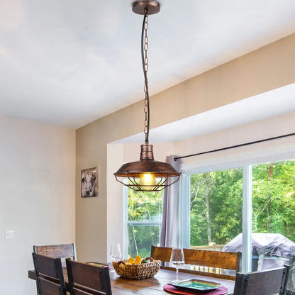 Rustic bronze decorbites iron pendant light with cage-style metal shade and chain suspension for dining room decor