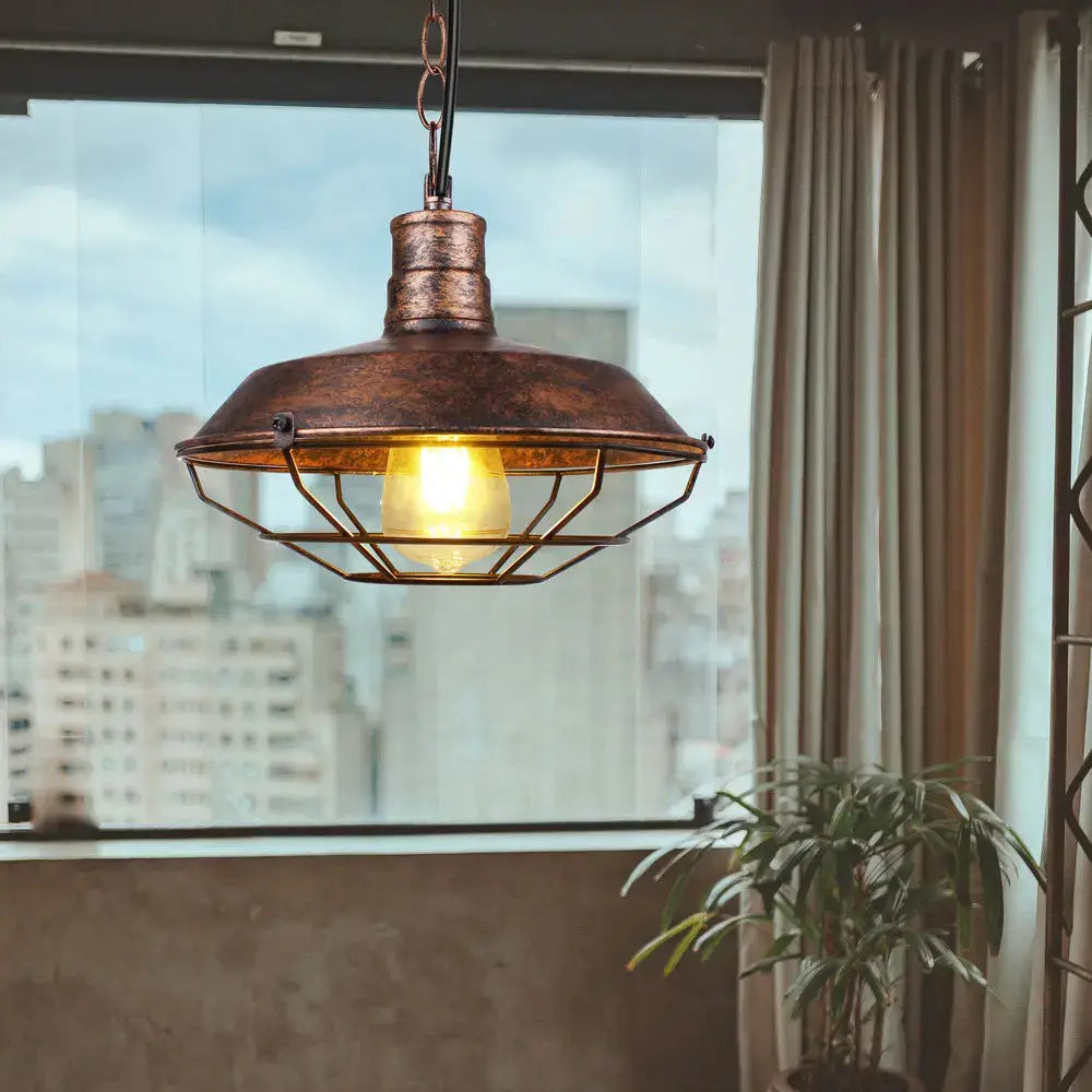 Industrial black and copper iron pendant lights with wire cage and exposed bulb ideal for dining room decorbites iron pendant
