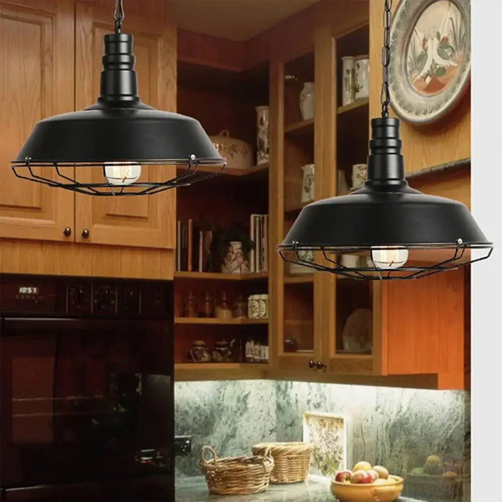 Black industrial iron pendant lights with wire mesh cages and exposed bulbs for dining room decorbites iron pendant