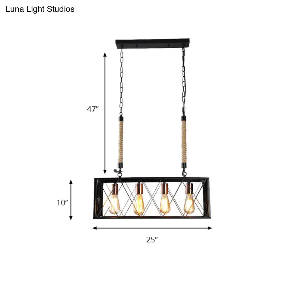 Black metal rectangular pendant light with four exposed Edison bulbs and rope-wrapped chains ideal for living room inch fixture