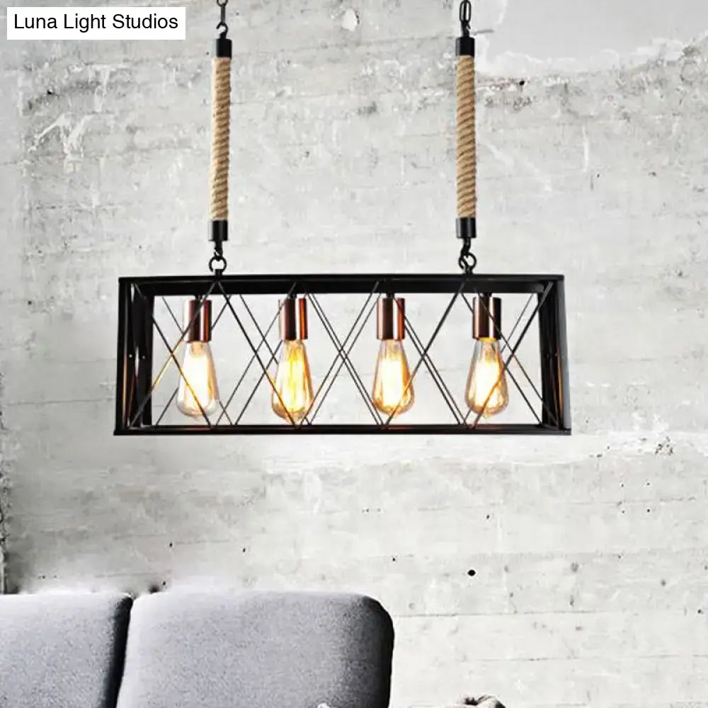 DecorBites X-Cage pendant light with black metal frame, copper bulb holders, and four bulbs for living room inch fixture