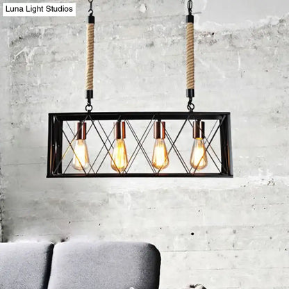 DecorBites X-Cage pendant light with black metal frame, copper bulb holders, and four bulbs for living room inch fixture