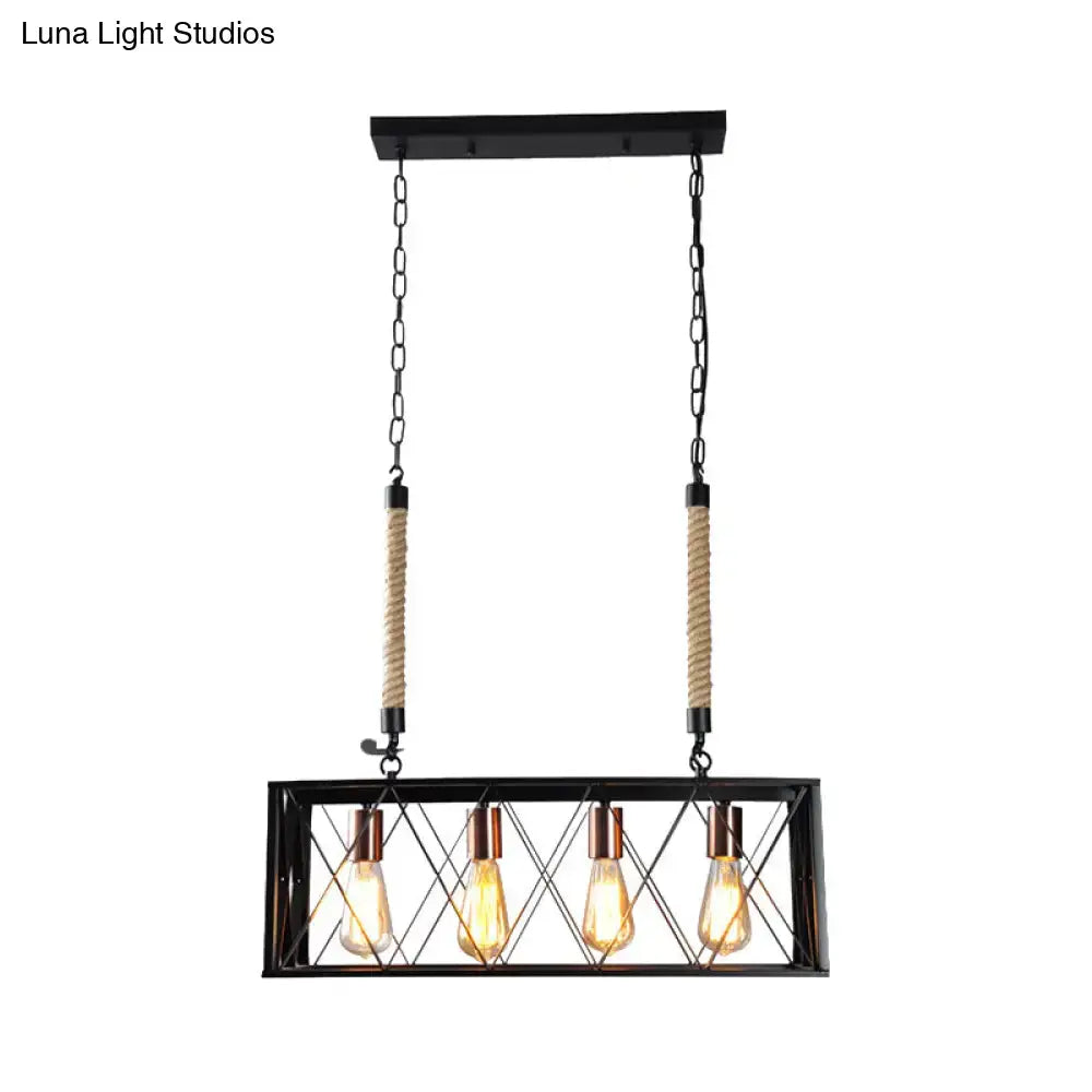 Industrial-style black metal pendant light with four exposed edison bulbs and rope-wrapped chains ideal for living room 35 inch fixture