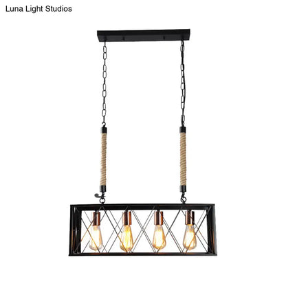 Industrial-style black metal pendant light with four exposed edison bulbs and rope-wrapped chains ideal for living room 35 inch fixture