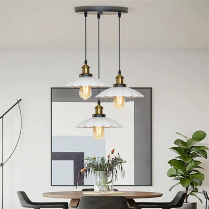 Three pendant lights with white fluted glass shades and brass accents in industrial black and decorbites copper vintage style