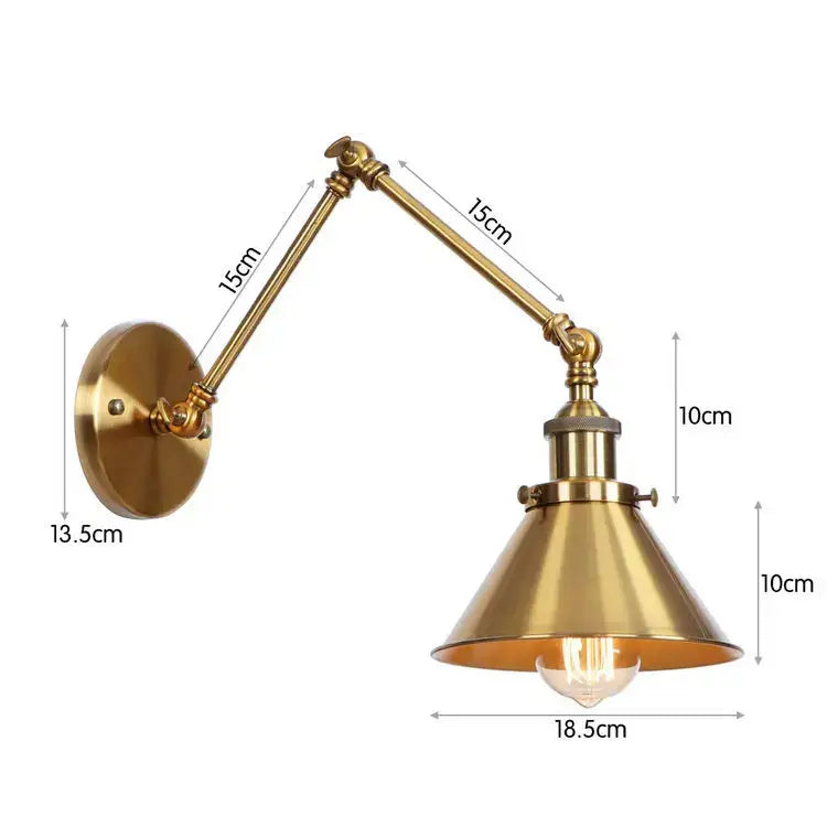 Brass-finished adjustable wall sconce with conical shade and exposed filament bulb in black copper vintage style decorbites design