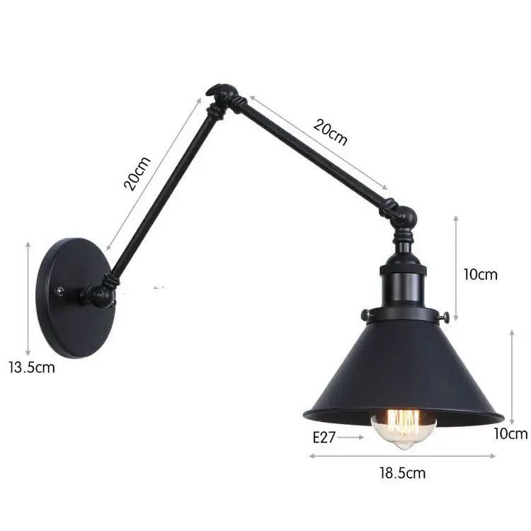 Black copper vintage wall sconce with adjustable wrought iron arm and conical shade featuring an exposed edison bulb