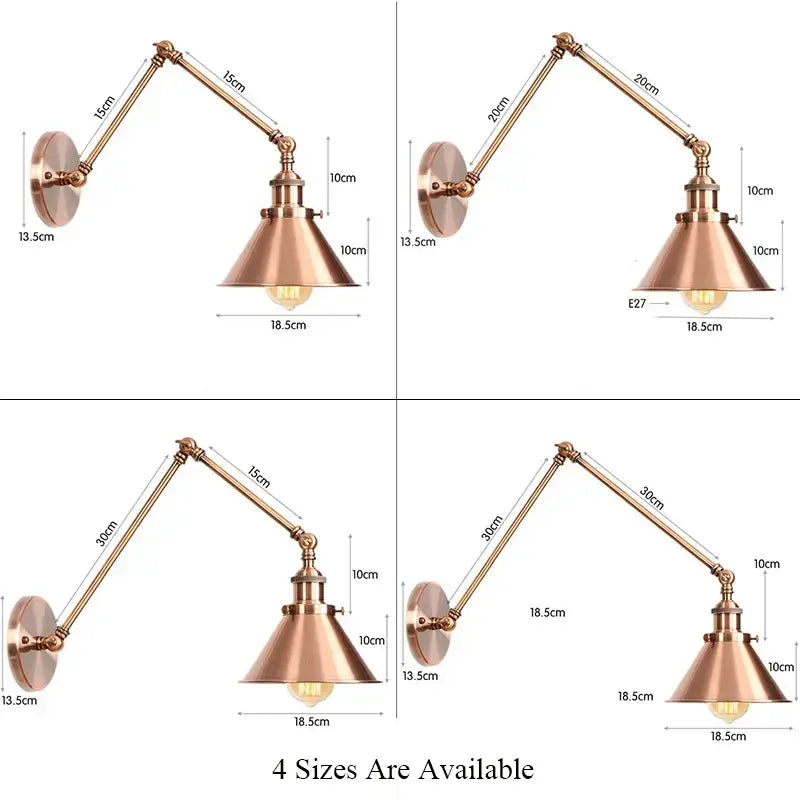 Copper-finished adjustable arm wall sconce with conical shade and exposed bulb for industrial black copper vintage decorbites use