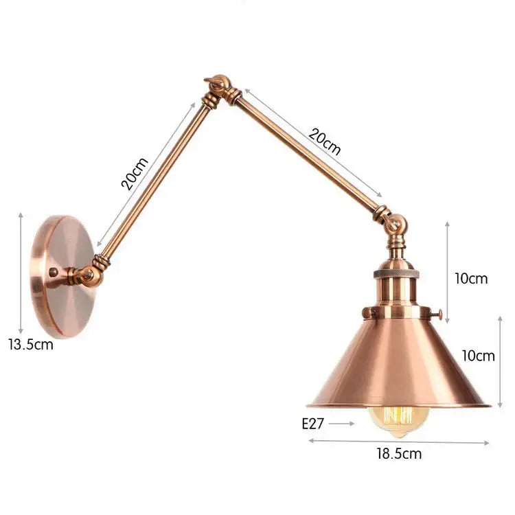 Brass-finished adjustable wall sconce with conical shade and e27 bulb socket for decorbites black copper vintage decor