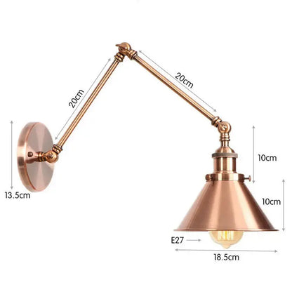 Brass-finished adjustable wall sconce with conical shade and e27 bulb socket for decorbites black copper vintage decor