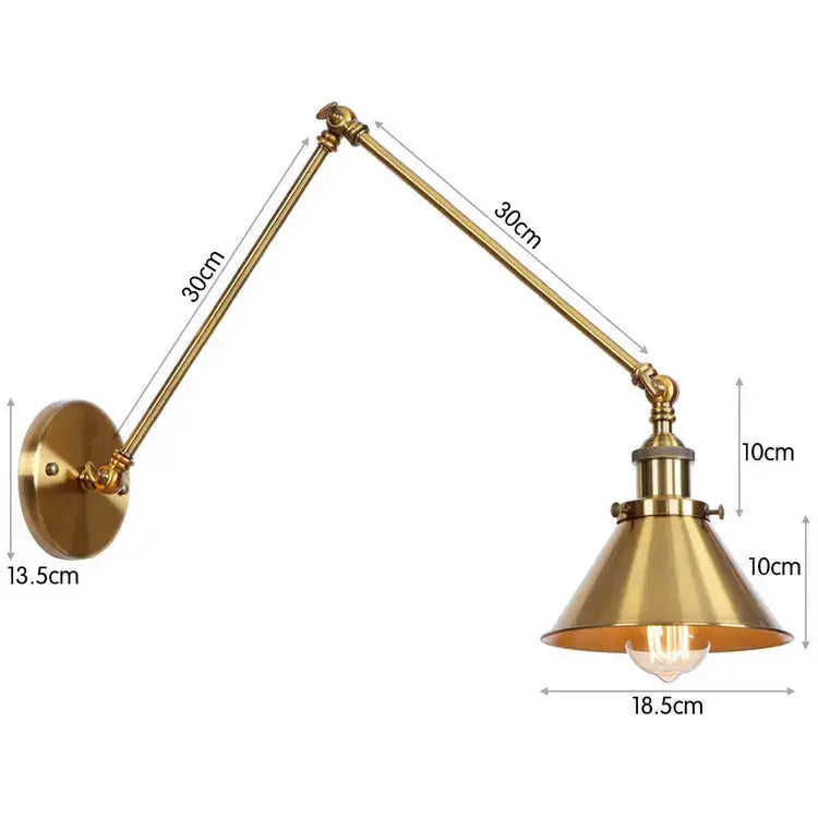 Brass-finished adjustable wall sconce with conical shade and exposed bulb for black copper vintage bedroom decorbites design