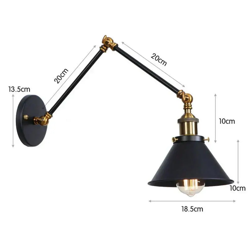 Industrial black copper vintage wall sconce with black matte finish, brass accents, and adjustable long arms for bedroom decorbites