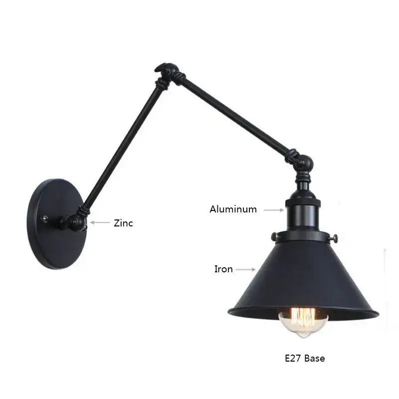 Industrial black copper vintage wall sconce with articulated arm made of zinc aluminum and iron for bedroom decorbites