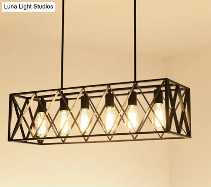 Black metal cross framed pendant ceiling light with five exposed edison bulbs for dining table illumination