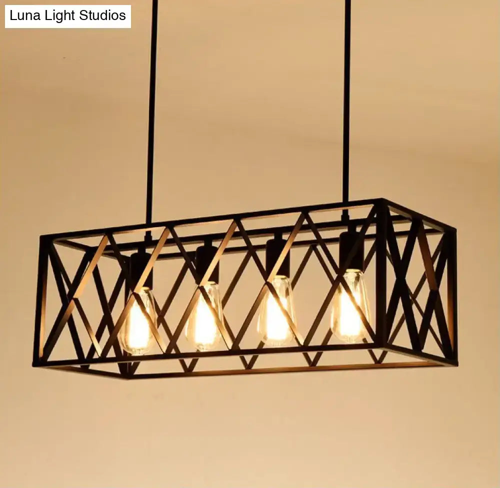 Black metal industrial cross framed pendant ceiling light with geometric lattice and four edison bulbs for dining table