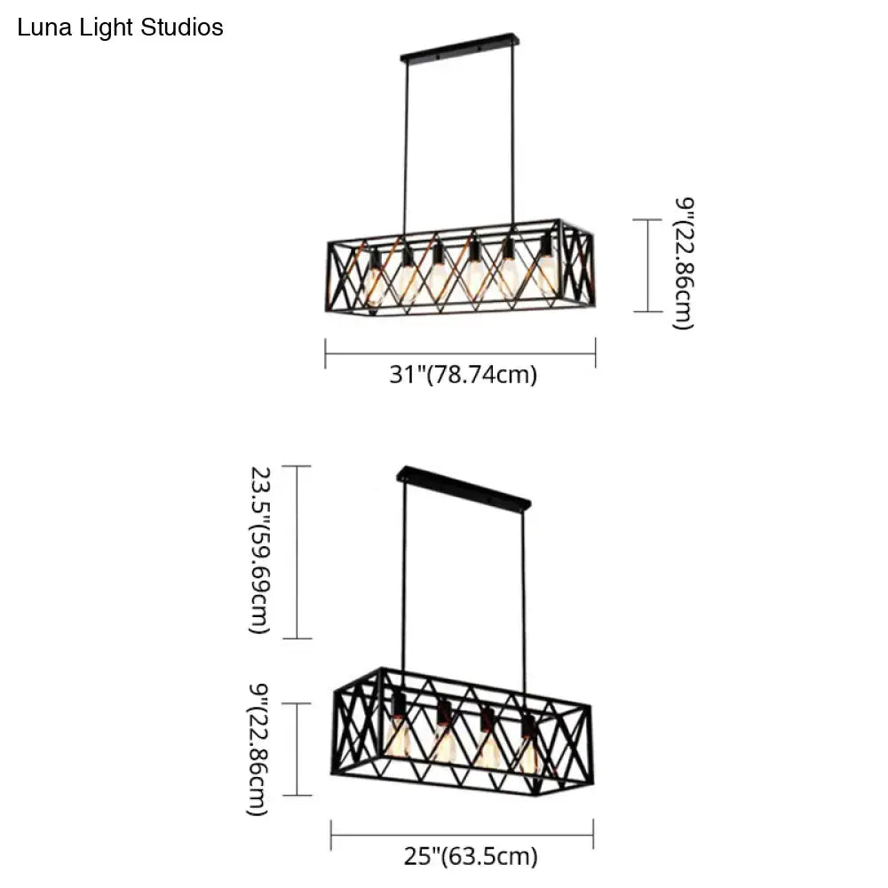 Industrial black cross framed metal pendant ceiling light with geometric lattice design and four exposed Edison bulbs for dining table