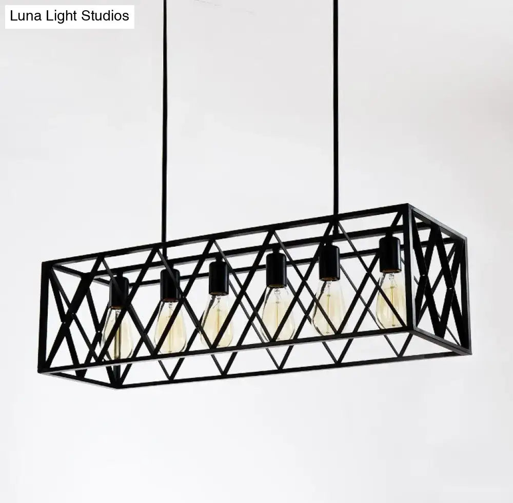 Black metal cross framed pendant ceiling light with geometric lattice and five exposed bulbs for dining table use