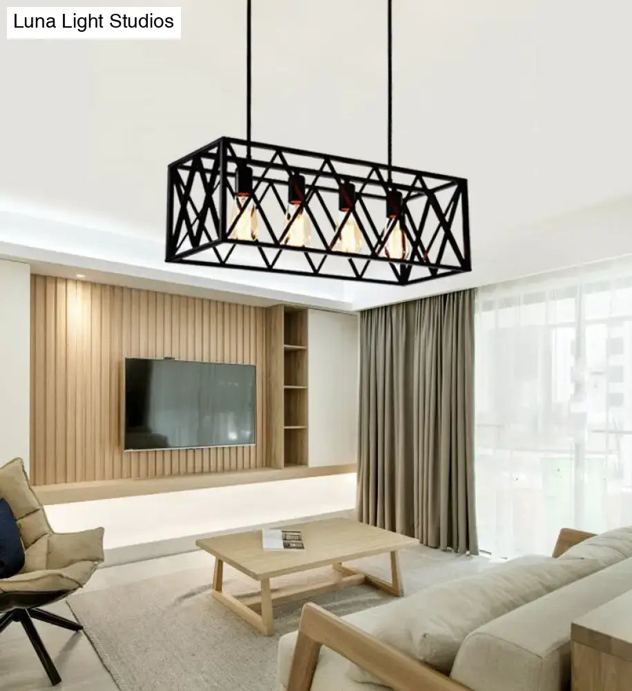Industrial black cross framed metal pendant ceiling light with exposed filament bulbs for dining table lighting
