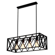 Black metal cross framed industrial ceiling light with exposed edison bulbs for dining table illumination