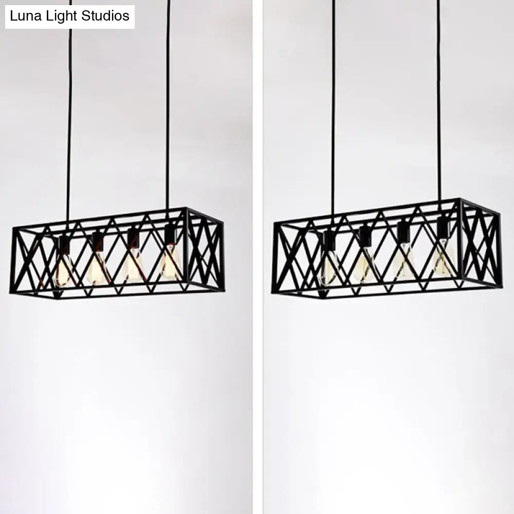 Industrial black cross framed ceiling light with geometric lattice design and exposed filament bulbs for dining table