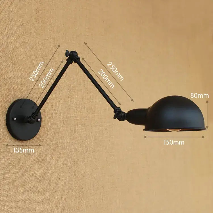 Black matte-finished decorbites black edison retro wall lamp with articulated arms and dome-shaped lampshade for bedroom decor