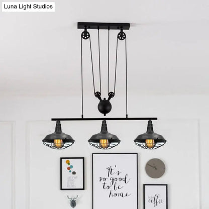 Decorbites farmhouse barn island pendant with three black metal cage shades and adjustable chain cord length pulley system