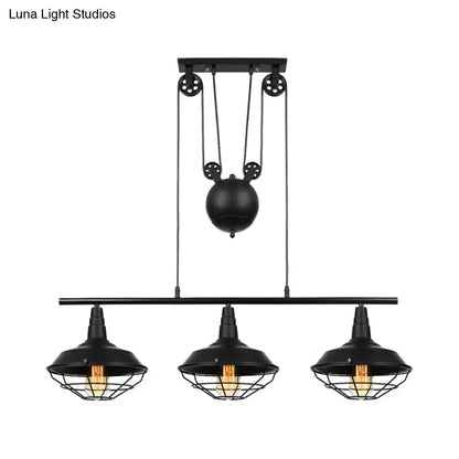 Black industrial farmhouse barn island pendant with three cage shades and adjustable chain cord length pulley system