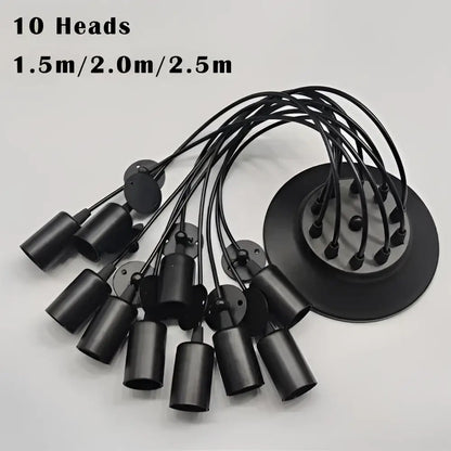 Industrial black finish pendant light with ten cylindrical light sources and a matte ceiling mount for dining room use