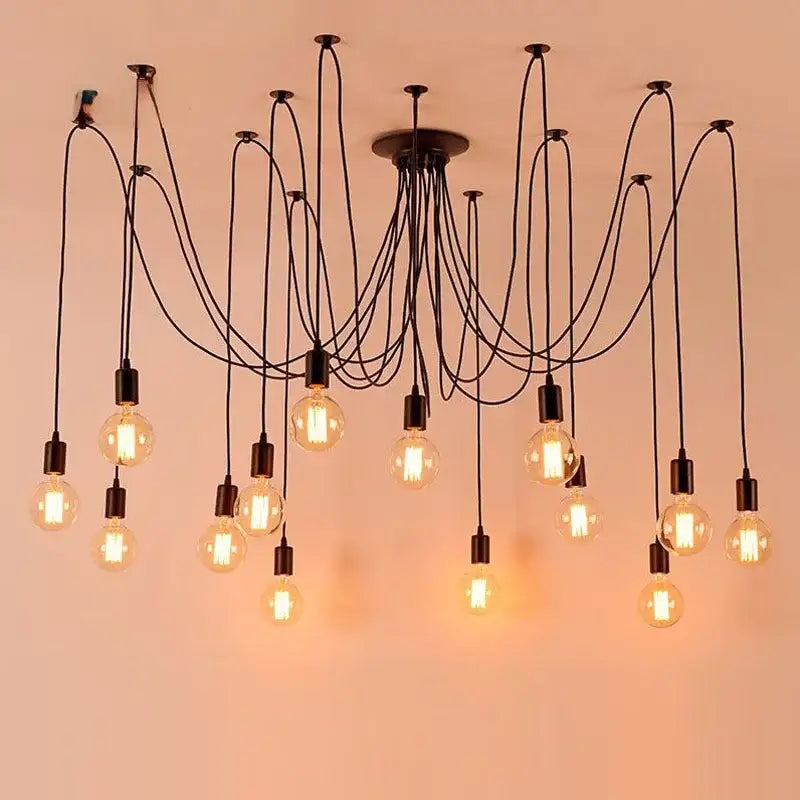 Industrial black finish 6 light pendant light chandelier with multiple exposed filament light sources suspended by black cords
