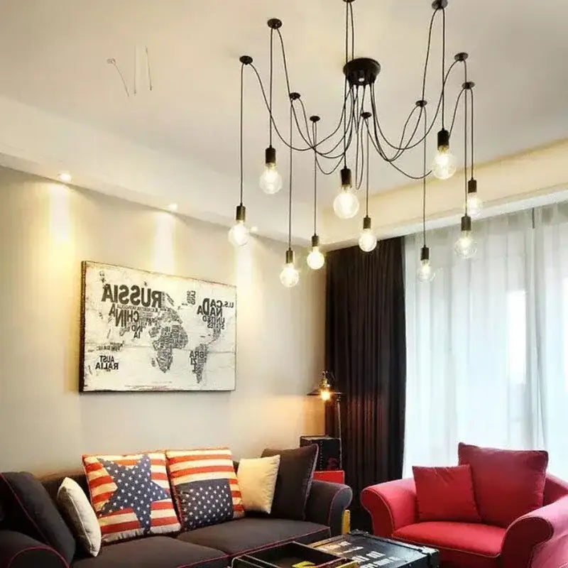 Black finish industrial pendant light with 6 exposed light sources and twisted cords for dining room chandelier