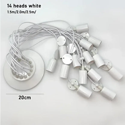 White led pendant light fixture with 14 cylindrical heads and circular base in black finish for ceiling mounting