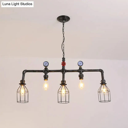 Industrial black gauge metal island lighting pipe chandelier with four exposed bulbs and decorative pressure gauges