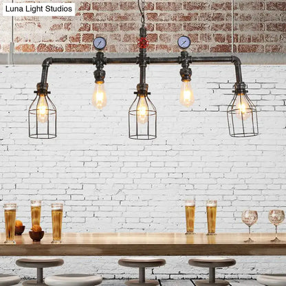 Industrial black gauge metal island lighting pipe chandelier with four exposed filament bulbs and wire cage accents
