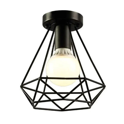 Industrial black geometric cage flush mount ceiling light with warm glowing bulb ideal for bedroom decorbites industrial black