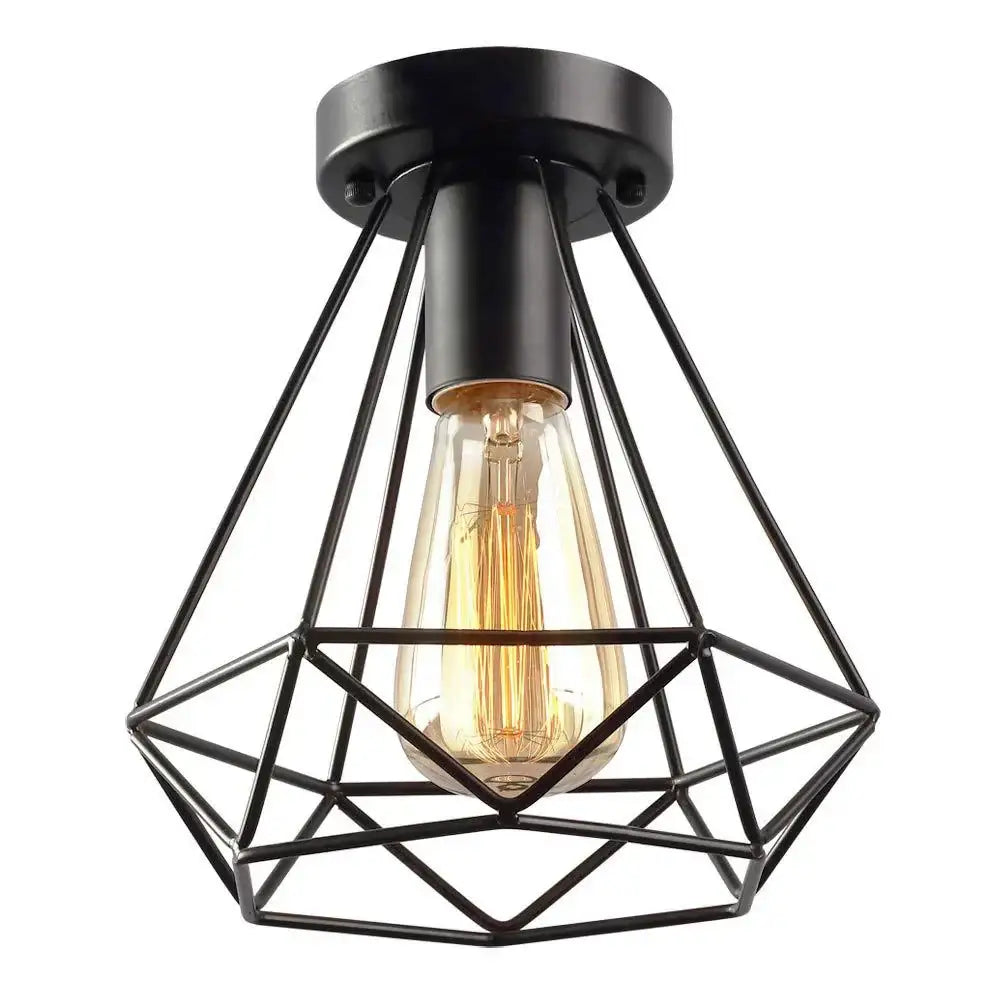Industrial black geometric cage flush mount ceiling light with exposed filament bulb for decorbites industrial black style