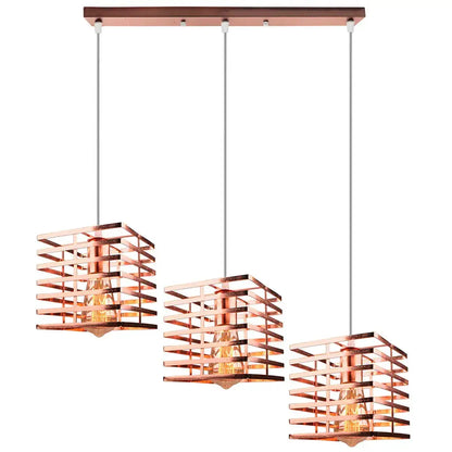 Copper-toned rectangular pendant light with modern geometric design featuring three hanging units for industrial vintage led decorbites style