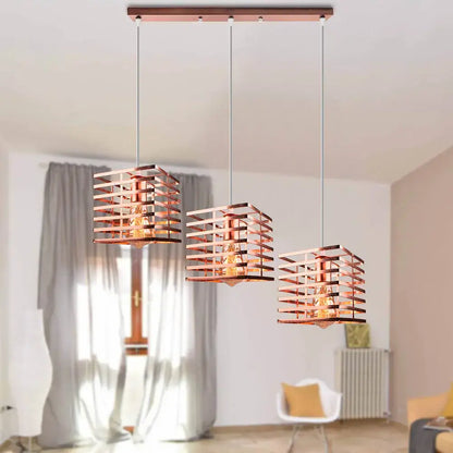 Copper-finished rectangular pendant light with slatted wooden frames and exposed bulbs for decorbites industrial vintage use