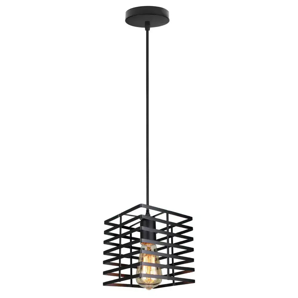 Black metal industrial vintage led pendant light with geometric cage and visible edison-style bulb for kitchen decorbites