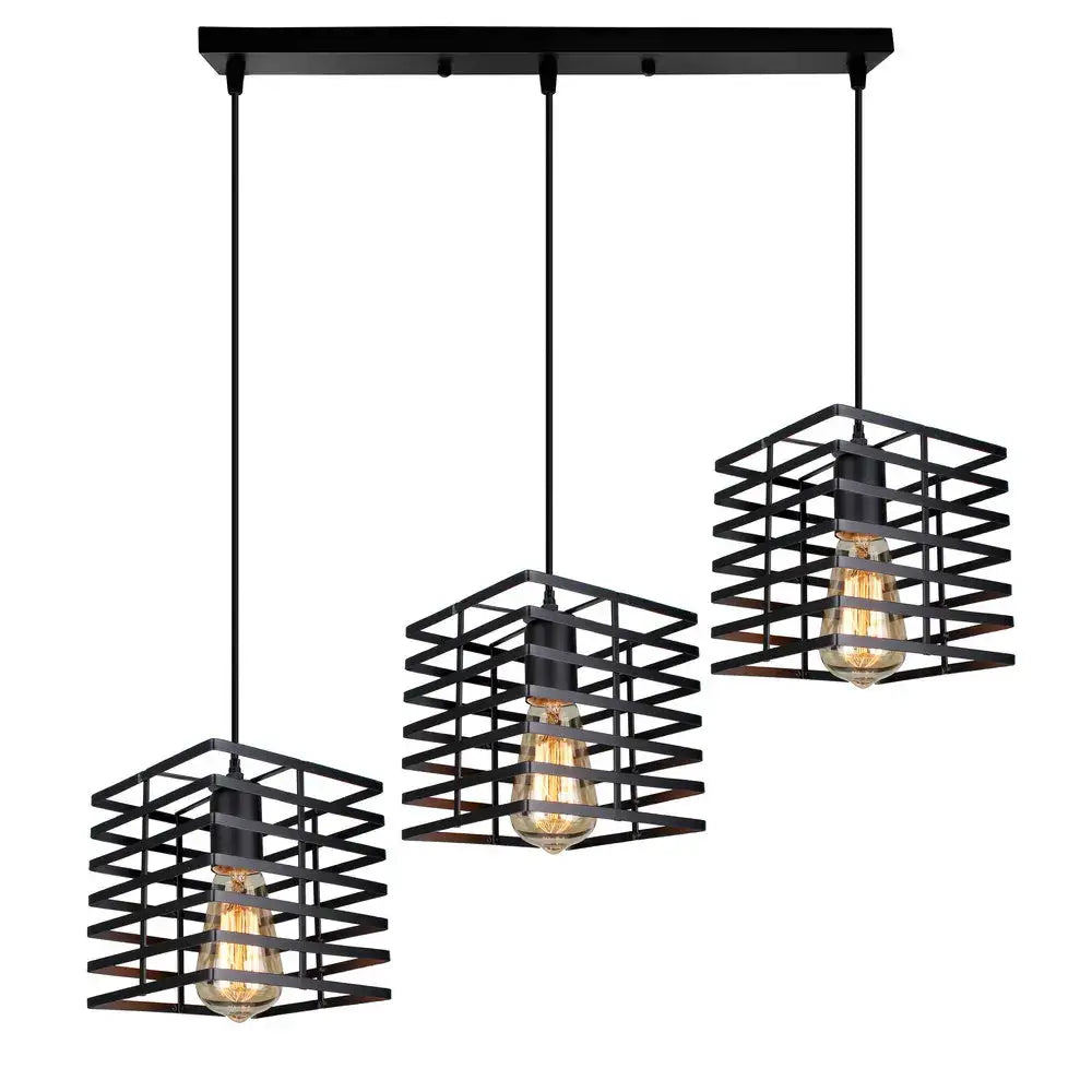Industrial black geometric cage pendant light fixture with three exposed filament bulbs for kitchen decorbites industrial vintage led