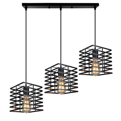 Industrial black geometric cage pendant light fixture with three exposed filament bulbs for kitchen decorbites industrial vintage led