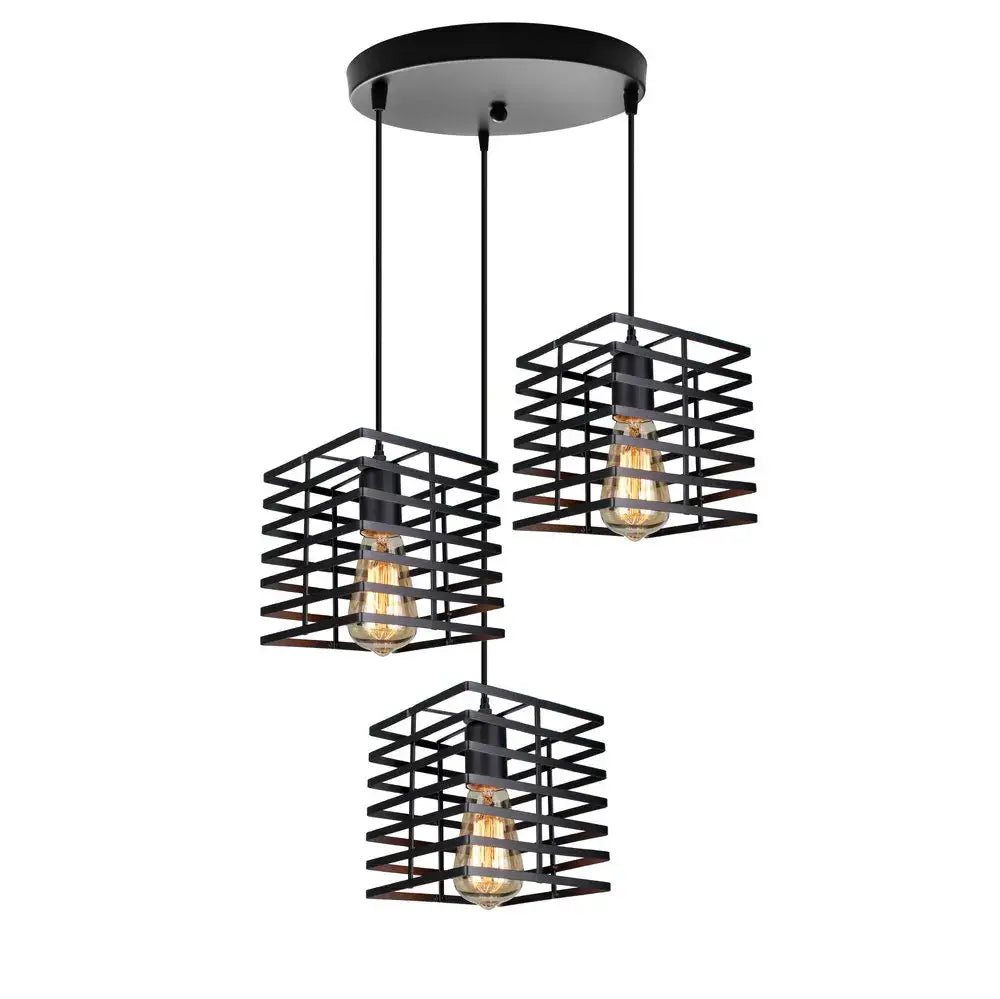Industrial black geometric cage pendant light with three wireframe shades housing exposed filament bulbs decorbites industrial vintage led