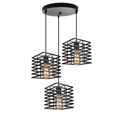 Industrial black geometric cage pendant light with three wireframe shades housing exposed filament bulbs decorbites industrial vintage led