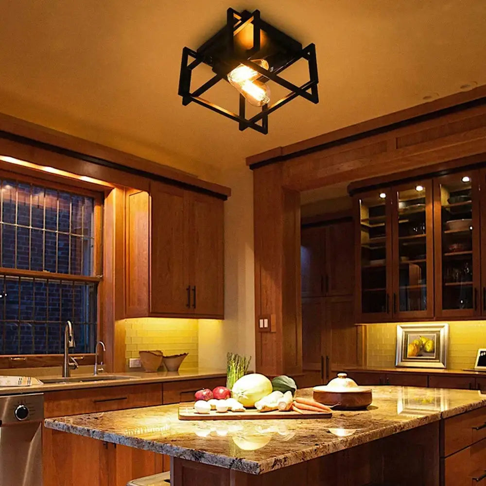 Industrial black geometric ceiling light fixture with exposed bulb perfect for kitchen ceiling light fixtures