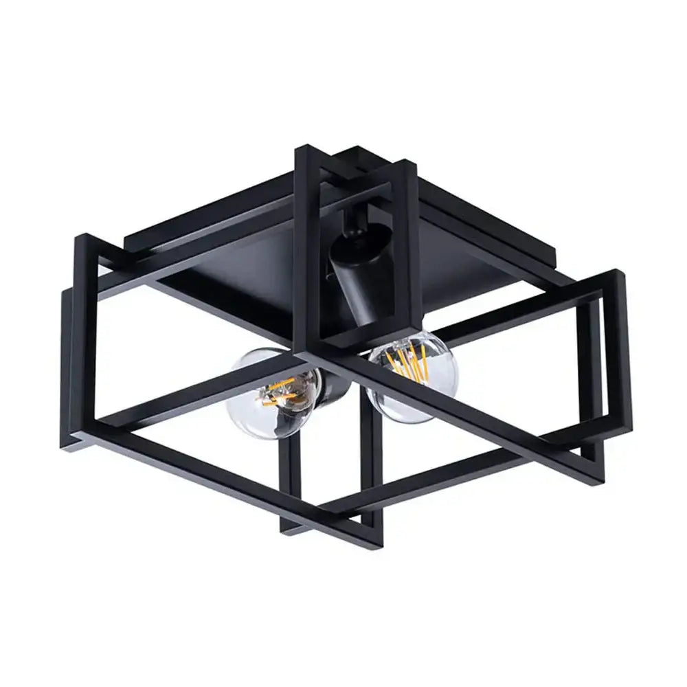 Industrial black metal geometric ceiling light fixture with two exposed filament bulbs for kitchens