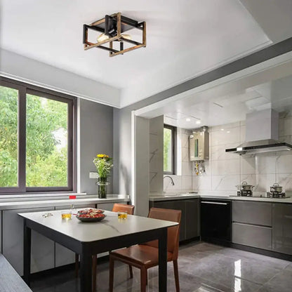 Industrial black geometric ceiling light fixture with dark metal and wood accents for kitchen ceiling light fixture
